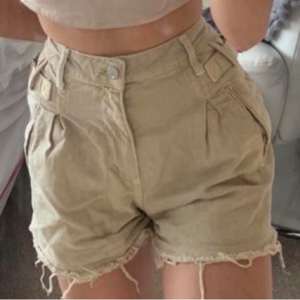 ZARA Women's Tan Denim Belted Pleated Frayed Shorts | 8